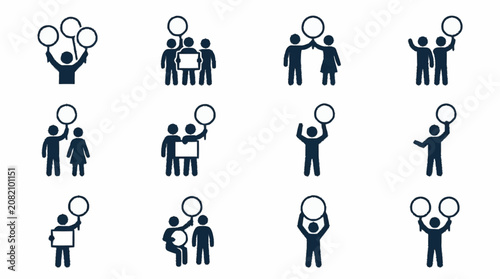 Group protest icons, people holding signs and banners, demonstration symbols