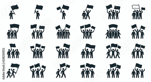 Protest Crowd Icons: People Holding Flags, Demonstrating Unity and Activism