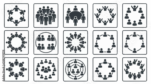 Teamwork and Collaboration Icons: Diverse Groups of People in Circles and Clusters