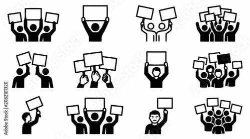 Protest Crowd Holding Blank Signs Icon Set