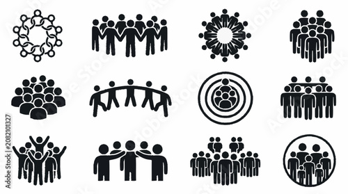 Teamwork Icons: Diverse Group Silhouettes Representing Collaboration, Community, Unity & Connection