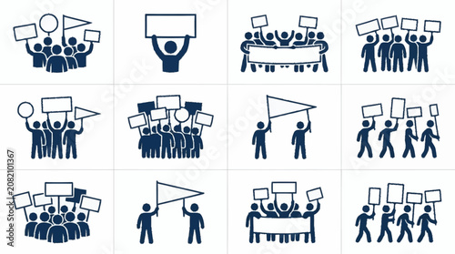 Quadro su tela Protest Icons: Crowd Demonstrating with Signs and Banners, Vector Graphics