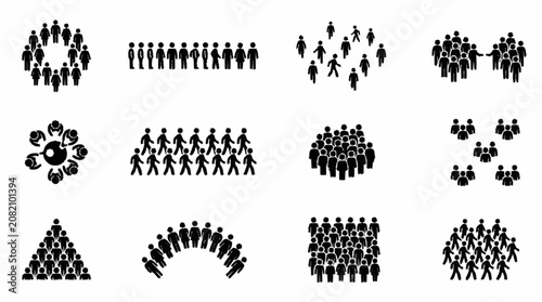 Diverse Crowd Silhouettes: Group Dynamics, Teamwork, Community, Social Gathering Icons
