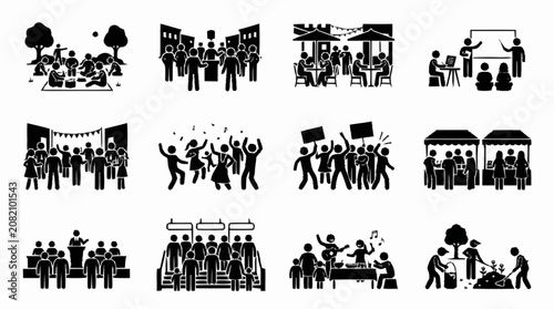 Community events icons: festival, protest, market, concert, workshop, celebration