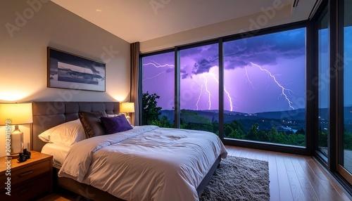 A serene bedroom with a large window overlooking a stormy landscape at dusk