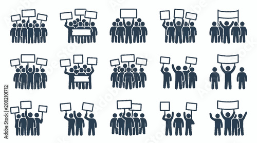 Crowd Protesting with Signs and Banners, Demonstration Icon Set