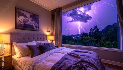 A serene bedroom with a large window overlooking a stormy night