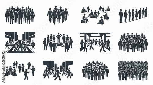 Diverse Crowd Silhouettes: People Gathering, Waiting, Walking, and Socializing Icons