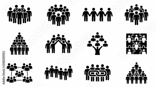Diverse Teamwork Icons: Group, Network, Collaboration, Unity, Hierarchy, Connection