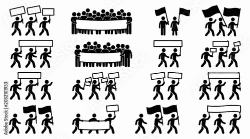 Protestors with Banners and Flags - Crowd Demonstration Stick Figures Collection