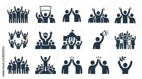 Crowd Celebration Icons: Unity, Protest, Success, Achievement, Victory, Teamwork