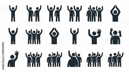 Diverse Crowd Silhouettes Raising Hands, Cheering, Waving - Group Icon Set
