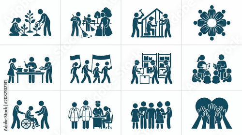 Diverse Community Activities Icons: Planting, Cleaning, Building, Meeting, Cooking, Protesting, Working, Learning, Healthcare, Support