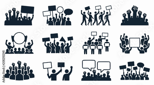 Protest Crowd Silhouettes with Signs and Raised Fists - Vector Icons