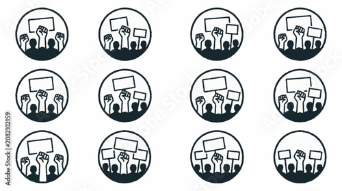 Protest Crowd Icon Set: Raised Fists and Signs, Social Activism, Collective Action