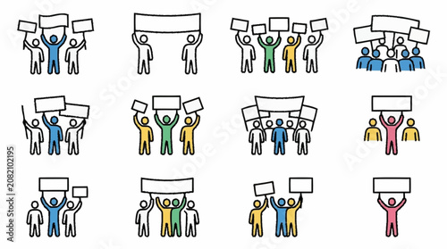 Protest crowd holding blank signs and banners, diverse people demonstrating, vector icons.