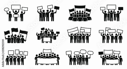 Tableau sur toile Protest Crowd Icons: People Holding Signs, Banners, and Flags