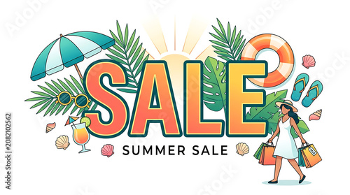 Summer sale advertisement with fashionable woman and cocktail