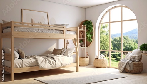 A serene bedroom with a wooden bunk bed and a large arched window overlooking a scenic view