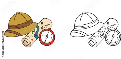 Cuadro en lienzo Explorer adventure gear set with safari pith helmet, rolled treasure map, and co