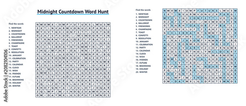 Midnight countdown word hunt puzzle for New Year's Eve celebrations featuring a holiday themed word search grid and list for party games and educational kids activities