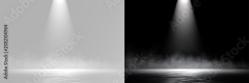 Dramatic white light shaft with volumetric fog glowing smoke stage spotlight cinematic beam and ambient illumination