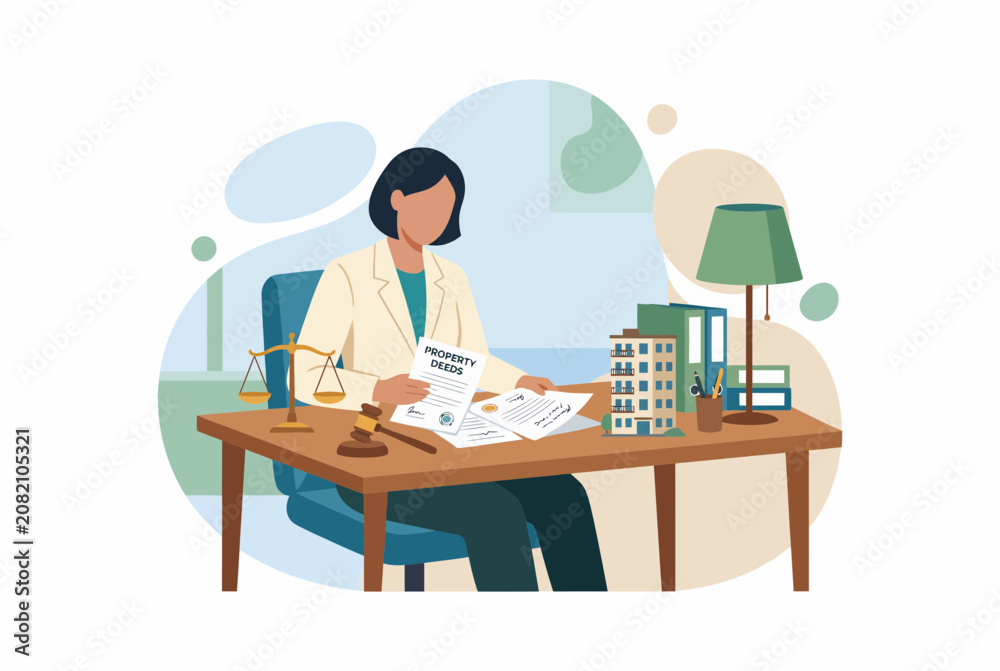 Fototapeta premium Female Lawyer Reviewing Property Deed Document for Real Estate Deal