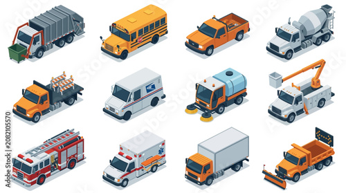 Tableau sur toile Sleek Isometric of Diverse Utility and Emergency Service Vehicles in Bright Colo