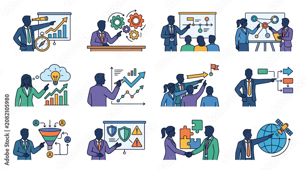 Fototapeta premium Dynamic Illustrations of Business Strategy Analytics Innovation and Global Collaboration Concepts with Diverse Professionals