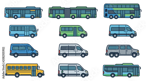 Elegant Collection of Diverse Vehicles Colorful Buses Minibuses and Vans in Flat Design Style with high quality professional line art symbols for modern creative design and digital branding projects