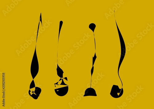 Black abstract brushstroke drip shapes on golden yellow background, bold expressive surreal art illustration.