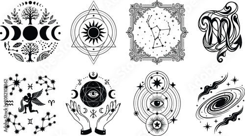 Bild auf Leinwand Collection of mystical esoteric vector icons with moon phases celestial constell