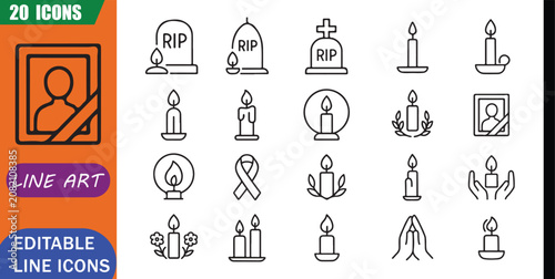 Konstfotografi Isolated Memorial Candle Icons, 20 Editable Line Art Icons Set, remembrance, tri