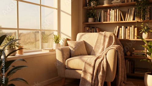 Cozy Reading Nook with Armchair, Bookshelves, and Sunlight