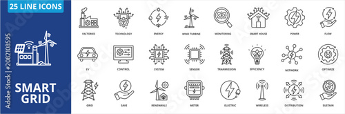 Smart Grid icon collection set. Containing  Factories, Technology, Energy, Wind Turbine, Monitoring, Smart House, Power, Flow, Electric Vehicle, Control, System, Sensor icon. simple line vector.	