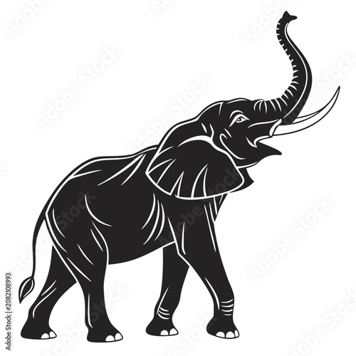 Black and white silhouette of a walking elephant tusks