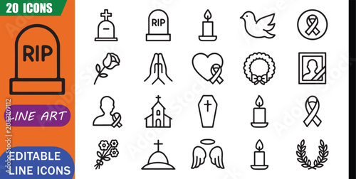 Photos Isolated RIP Memorial Icons, 20 Editable Line Art Icons Set, remembrance, tribut