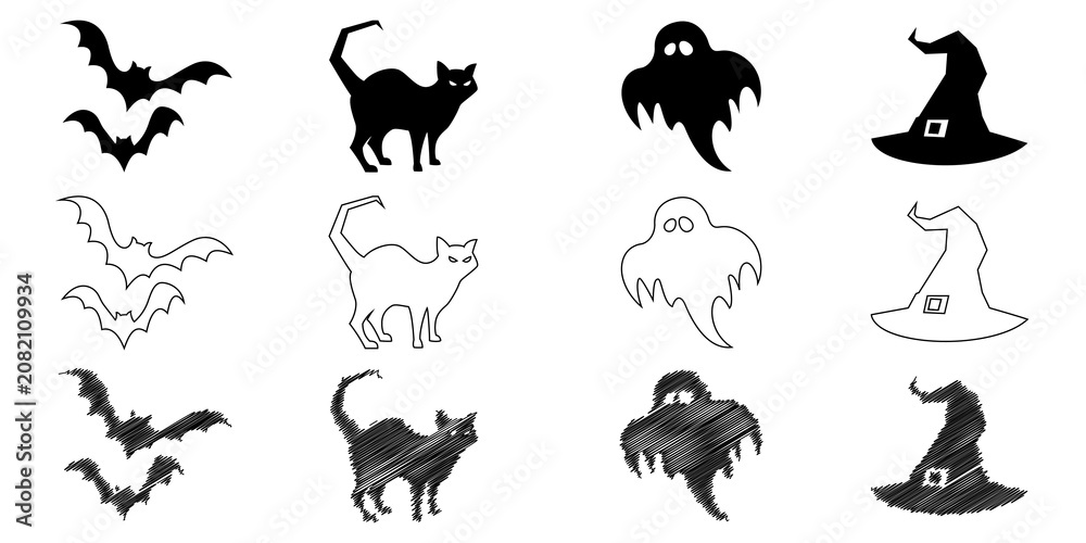 Obraz premium Halloween icon set featuring bats, cats, ghosts, and witch hats in solid, outline, and scribble styles for holiday designs.
