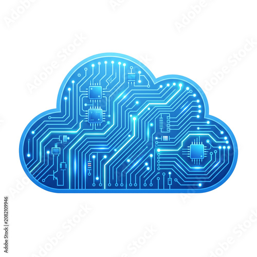 3D Rendering of Glowing Blue Cloud-Shaped Circuit Board Technology