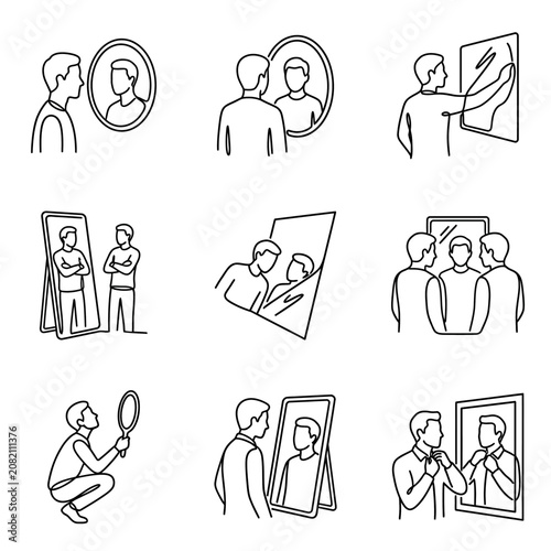 Fotografie Man looking in mirror, reflection, self-perception, identity, introspection, per