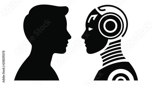 Human robot icon featuring facing silhouette artificial intelligence concept with man cyborg profile vector illustration