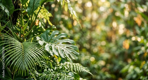Lush Tropical Rainforest Foliage with Monstera and Palm Leaves in Natural Sunlight, Green Jungle Background with Copy Space