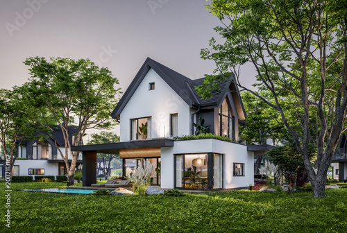 3d rendering of contemporary architectural luxury house exterior. Modern Scandinavian style family home with a white plaster walls, dark roof, and beautiful garden at golden hour