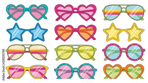 Photos Colorful collection of playful sunglasses and heart-shaped glasses with stars an