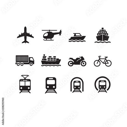 Fotografie Transport Glyph Icon Set Vector | Airplane, Ship, Bicycle & Metro Pictogram
