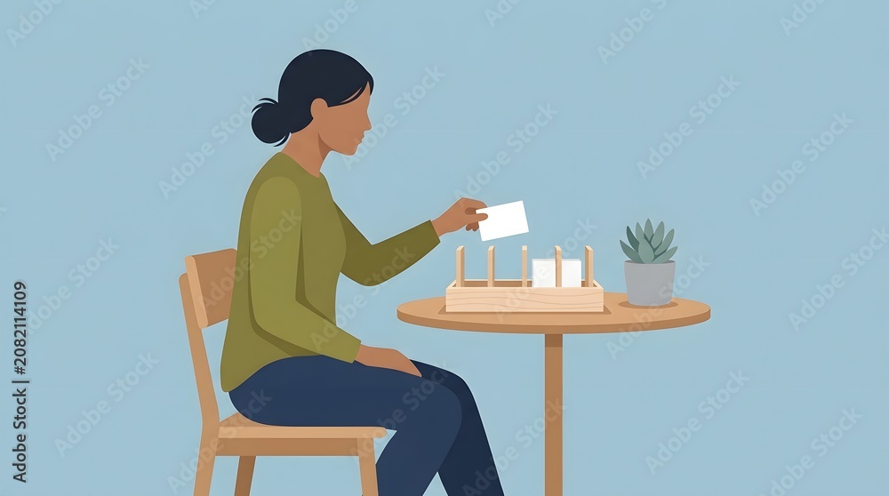 Fototapeta premium Memory Game: A woman thoughtfully places a card onto a wooden game board, engaging in a focused memory challenge.