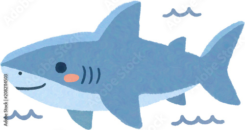 Cute shark cartoon character swimming in the ocean, hand drawn crayon style illustration.