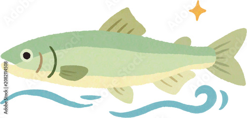 Cute hand drawn trout fish swimming in water wave flat illustration.