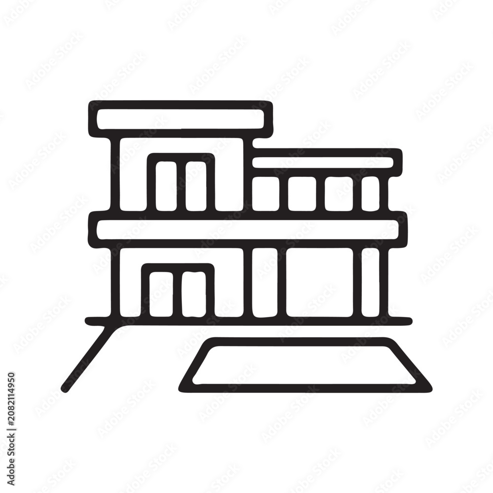 Fototapeta premium Modern office building, corporate architecture, line art design, black and white icon