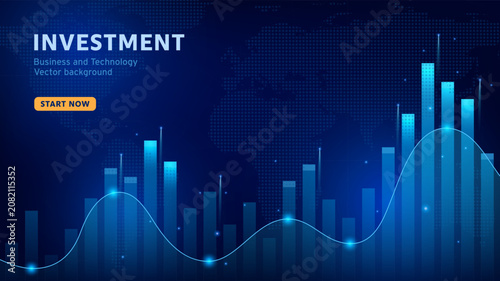 Investment business technology vector illustration. Financial chart, stock market growth, fintech dashboard, data analytics, digital finance, global economy. Blue abstract background with copy space